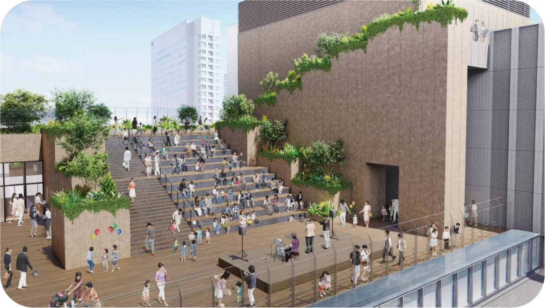 広島新駅ビル屋上⼤階段の完成予想図
